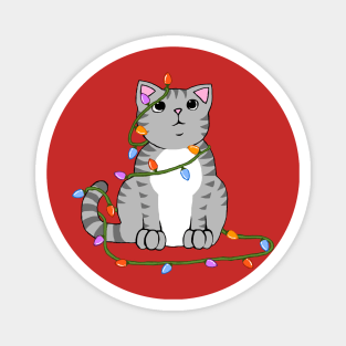 Cute Christmas Cat Wrapped in Xmas Lights Kawaii Gray Tabby Magnet